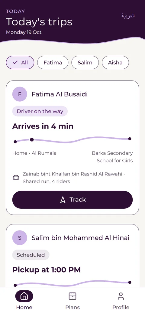 Ma'ay app, today's trips: the driver is on her way, 4 minutes away