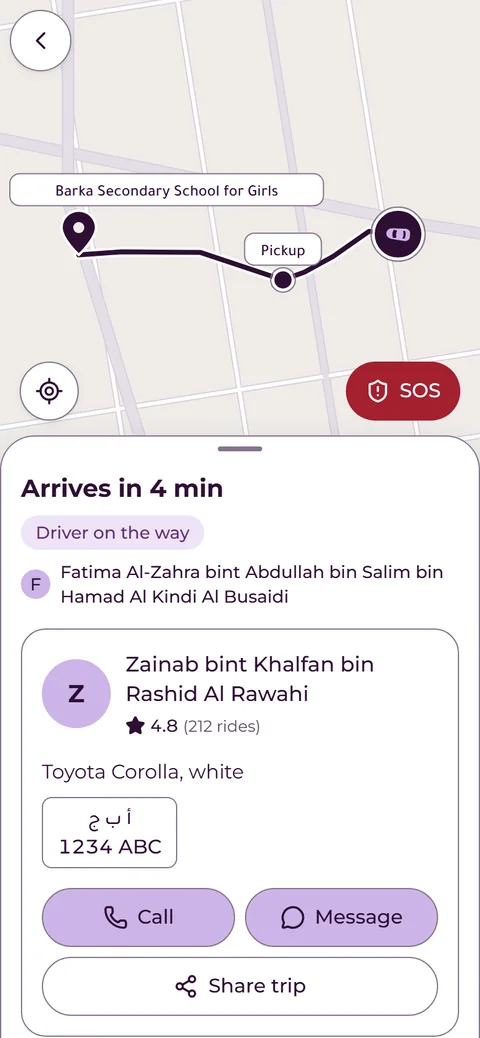 Ma'ay app, live tracking: the map, the driver's name, her car and plate