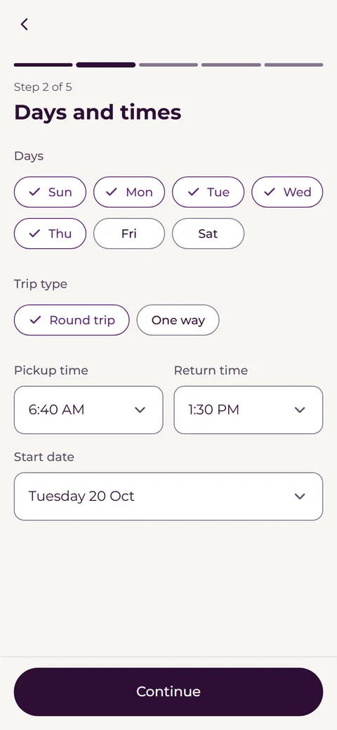Ma'ay app, choosing days and times
